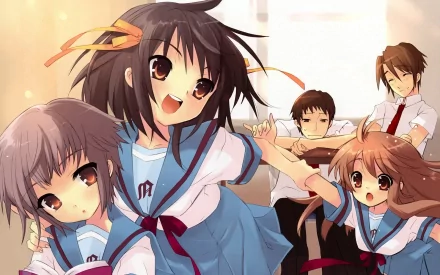 HD anime wallpaper featuring Haruhi Suzumiya, Mikuru Asahina, Itsuki Koizumi, Kyon, and Yuki Nagato in school uniforms with short brown hair and brown eyes.