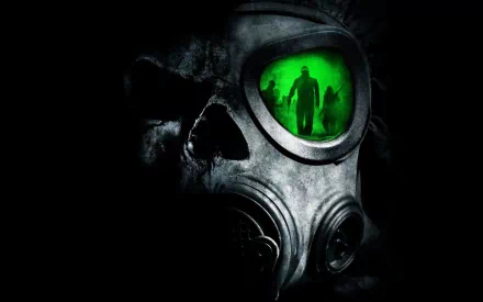HD desktop wallpaper featuring a dark gas mask with green lenses, reflecting ominous silhouettes.