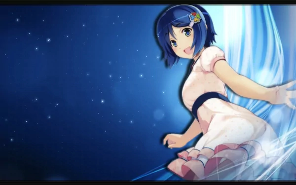 HD PC desktop wallpaper featuring a cute blue-haired Os-tan anime character against a starry blue background, blending charm and vibrant blue anime style.