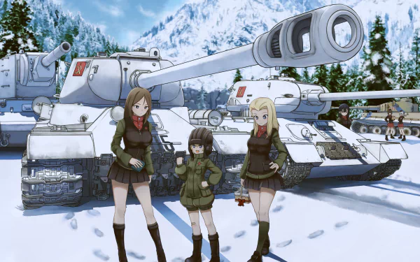 HD desktop wallpaper featuring characters Clara, Erika Itsumi, Nonna, Katyusha, and Maho Nishizumi from the anime Girls und Panzer, standing in front of tanks in a snowy landscape.