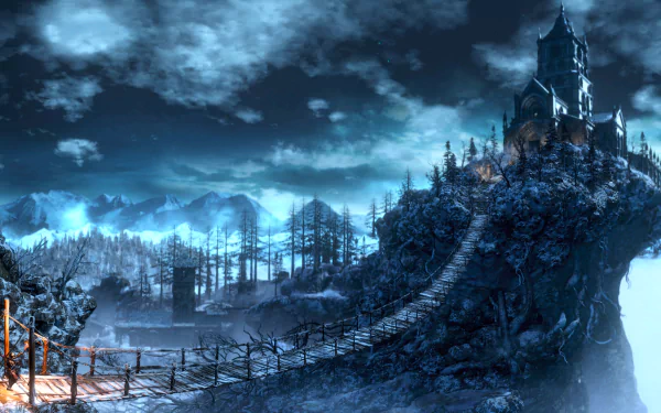 HD wallpaper depicting a night scene from Dark Souls III, featuring a rope bridge leading to a mysterious castle perched atop a rocky cliff, illuminated under a cloudy, moonlit sky.