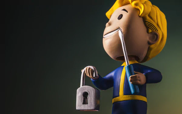 HD desktop wallpaper featuring a Vault Boy figurine from the Fallout video game series holding a lock and tool against a gradient background.