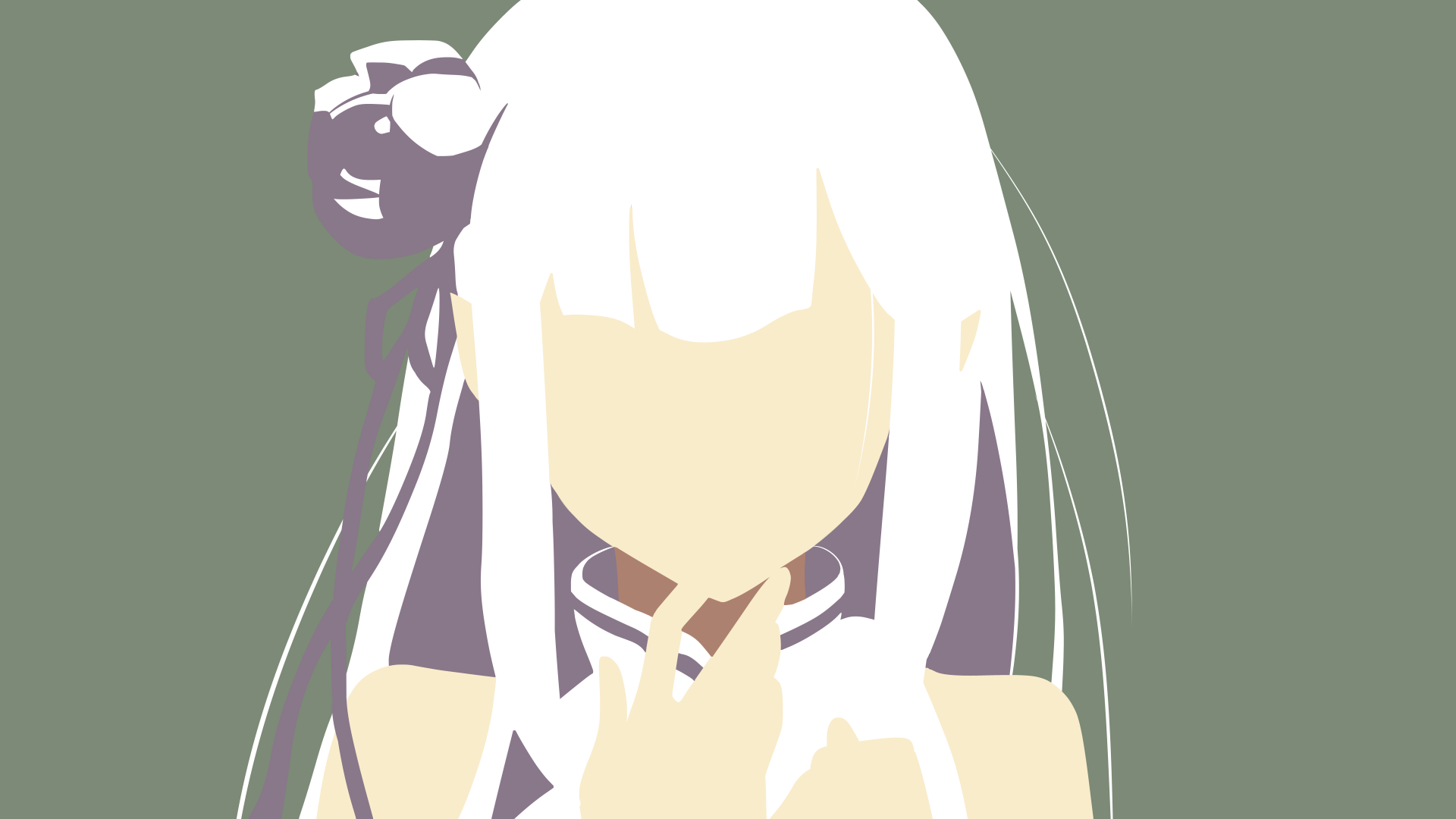 Minimalist 8K Ultra HD anime wallpaper featuring Emilia from Re:Zero - Starting Life in Another World, showcasing clean lines and soft colors on a muted green background.