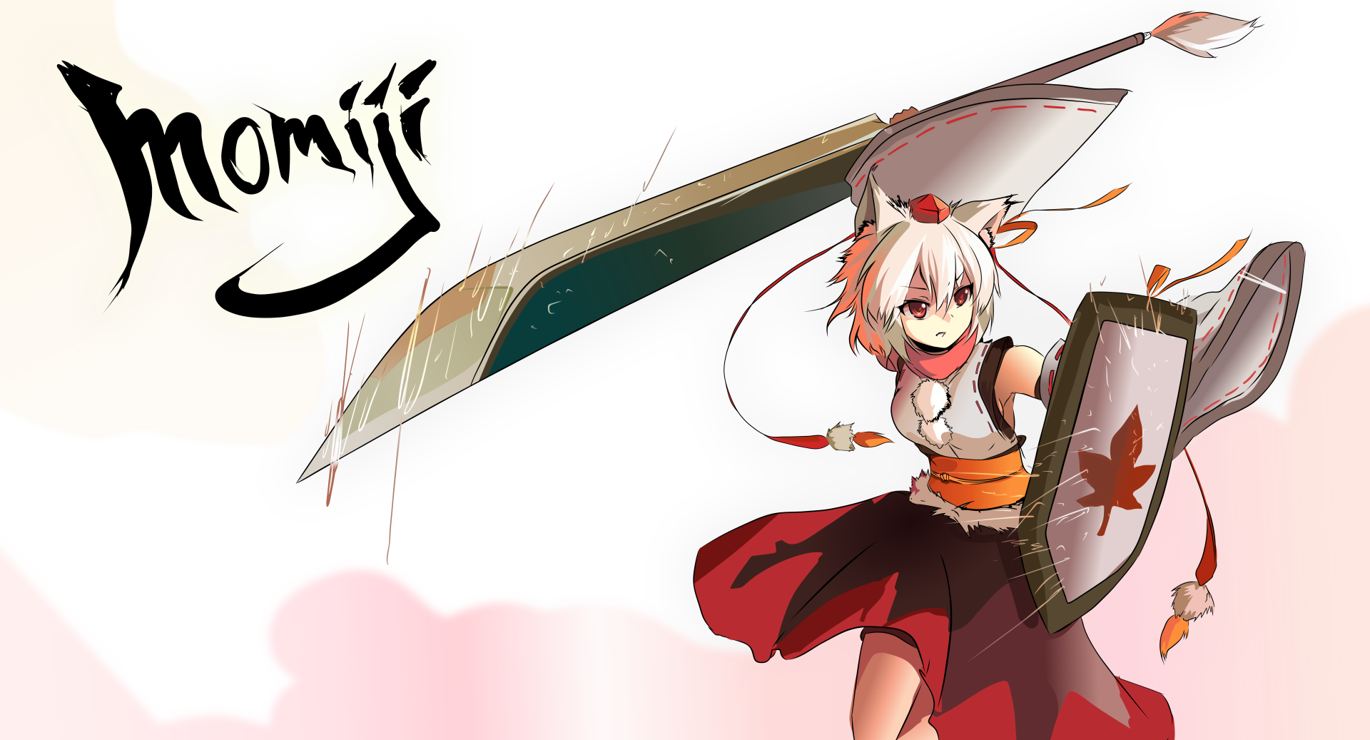 Momiji Inubashiri (Touhou) anime — white-haired wolf tengu in a red skirt brandishing a giant blade and shield on a light backdrop. 8K Ultra HD PC desktop wallpaper.