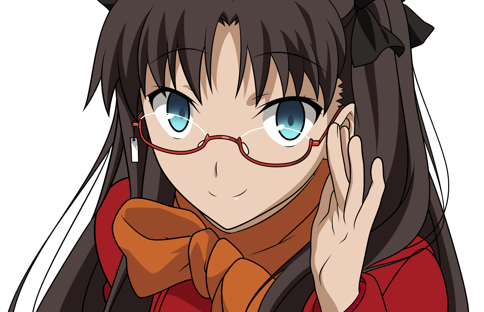 Rin Tohsaka from Fate/Stay Night wearing red glasses and a red outfit with an orange scarf, depicted in an 8K Ultra HD anime-style PC desktop wallpaper.