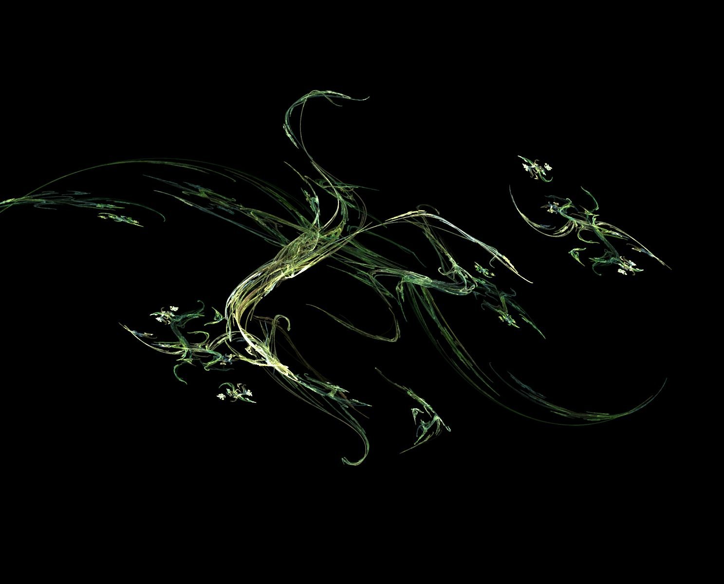 HD PC desktop wallpaper featuring an abstract fractal design with flowing, wispy green and yellow lines against a black background.