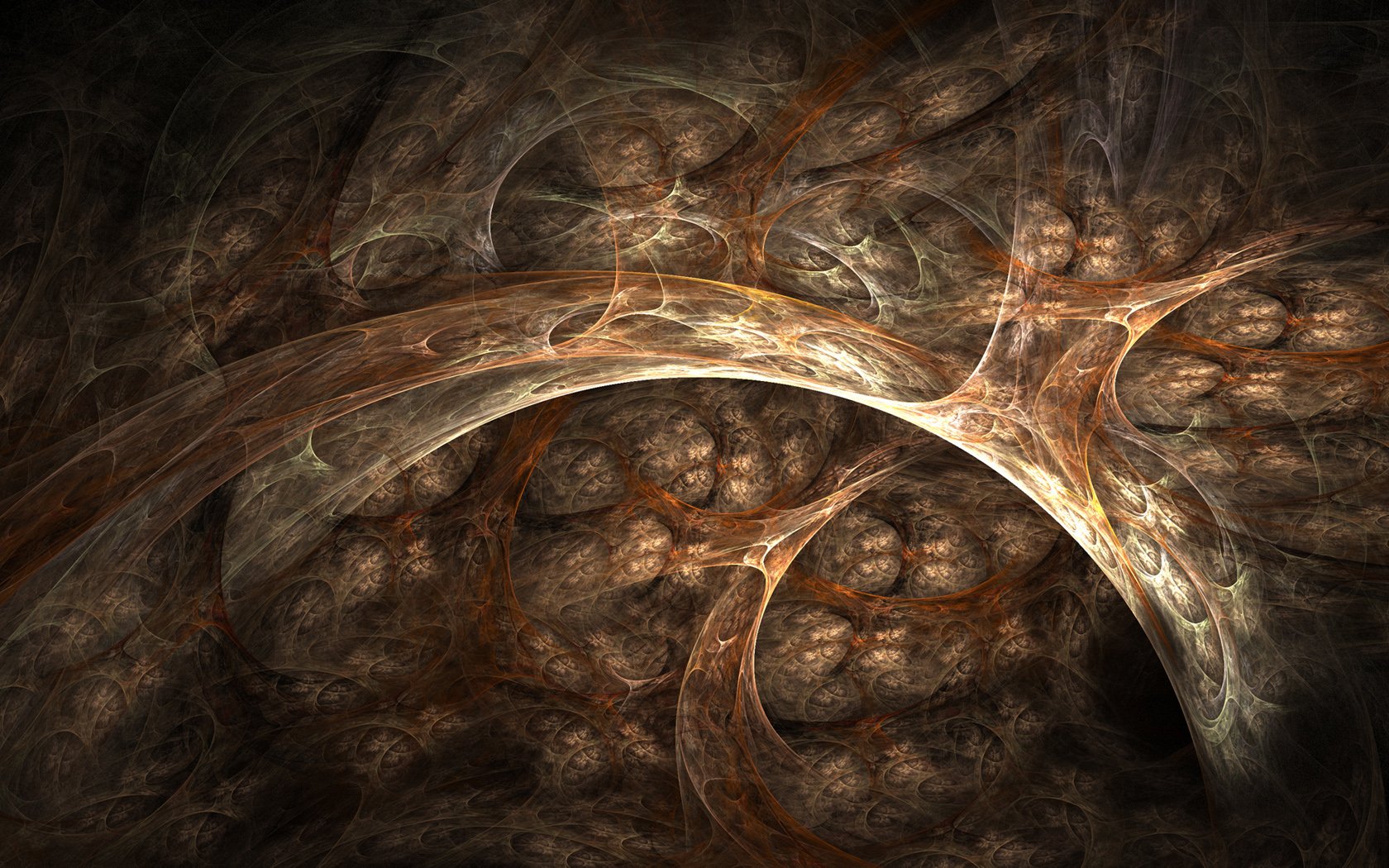 Abstract trippy fractal CGI artwork with textured, intertwining shapes and earthy color tones, designed as an HD PC desktop wallpaper and background.