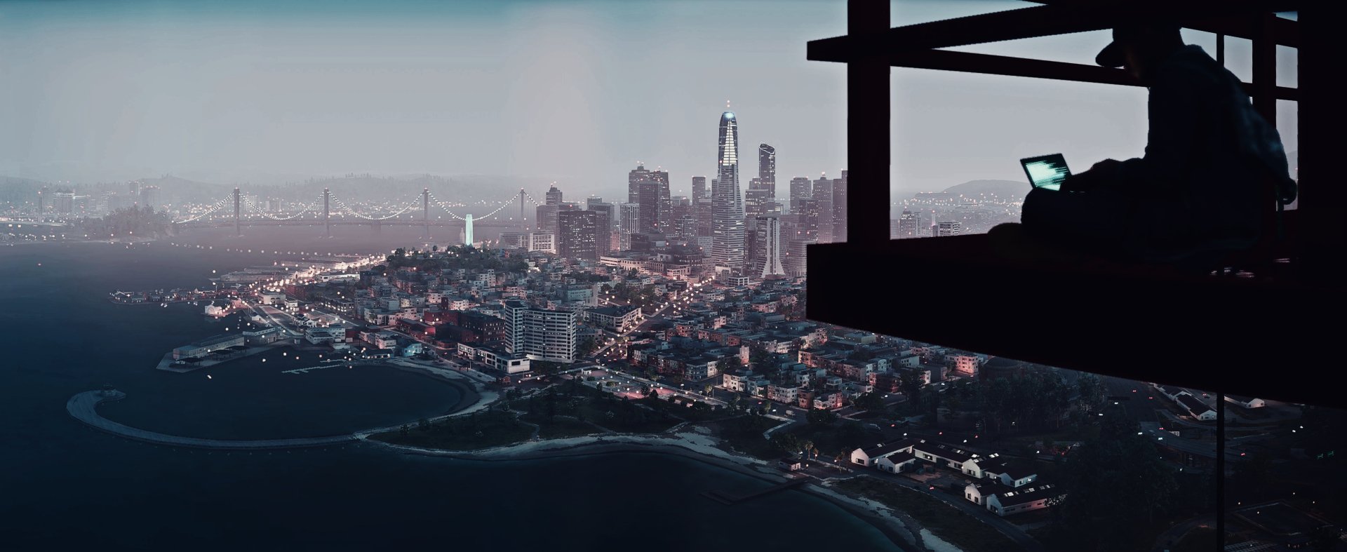 HD PC desktop wallpaper featuring a panoramic view of San Francisco with the Golden Gate Bridge, inspired by the video game Watch Dogs 2.