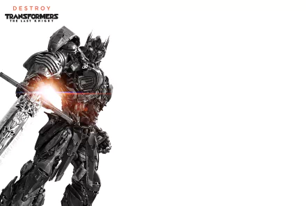 HD desktop wallpaper of Optimus Prime from the movie Transformers: The Last Knight, featuring the character standing with a sword against a bright backdrop.