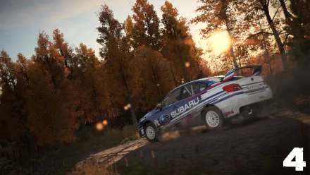 HD desktop wallpaper from Dirt 4 featuring a Subaru rally car speeding through a forest track at sunset.