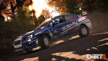 HD desktop wallpaper from Dirt 4 featuring a Subaru rally car speeding through an autumn forest.