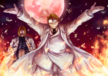 HD PC desktop wallpaper featuring Avondale Napyeer and Max Montana in an intense anime-style Hellsing scene with a fiery backdrop and a glowing red moon.