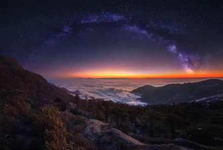 A breathtaking HD desktop wallpaper showcasing a starry night sky with the Milky Way arching over a panoramic landscape, blending clouds and rugged terrain, all set against a stunning evening horizon.