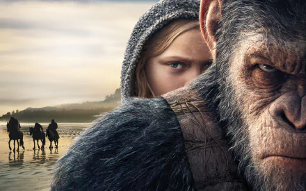 HD wallpaper featuring Caesar and Nova from the movie War for the Planet of the Apes, with a striking close-up and a scenic background of riders on a beach.