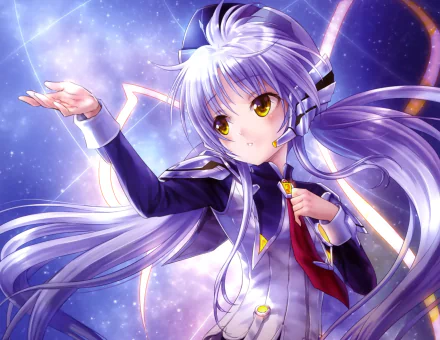 HD anime desktop wallpaper featuring Kanade Tachibana from Angel Beats! in a celestial, Planetarian-inspired crossover setting with glowing effects and soft purple hues.