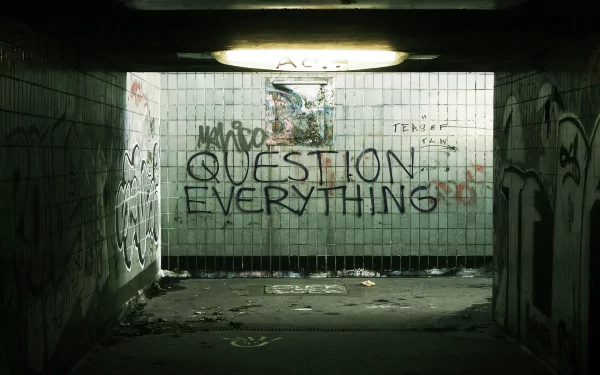 A striking HD wallpaper featuring graffiti art in a tunnel, showcasing the bold message QUESTION EVERYTHING against a backdrop of urban decay and artistic expression.