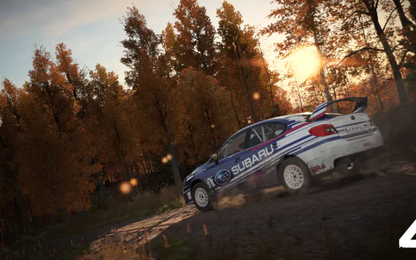 HD desktop wallpaper from Dirt 4 featuring a Subaru rally car speeding through a forest track at sunset.