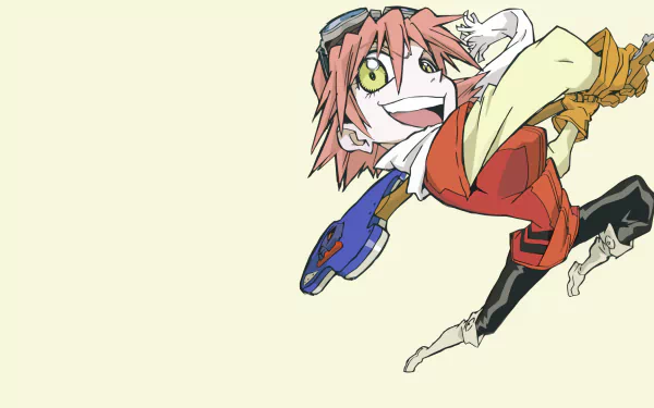 Haruko Haruhara (FLCL) anime character leaps with her bass guitar, grinning in a dynamic pose on a pale background — HD PC desktop wallpaper/background.