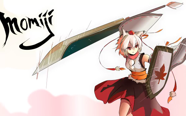 Momiji Inubashiri (Touhou) anime — white-haired wolf tengu in a red skirt brandishing a giant blade and shield on a light backdrop. 8K Ultra HD PC desktop wallpaper.
