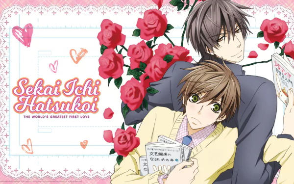 HD PC wallpaper of Masamune Takano and Ritsu Onodera from the anime Sekaiichi Hatsukoi: Masamune embraces Ritsu among roses as they hold manuscripts on a pink, hearted background.