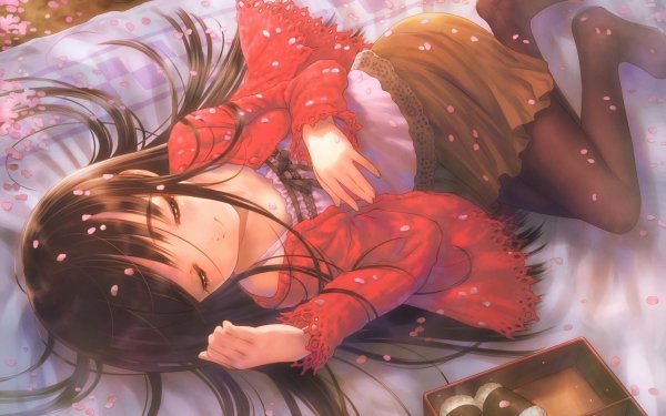 Anime Original Lying Down Smile Blush Skirt Pantyhose Food Sleeping HD Wallpaper | Background Image