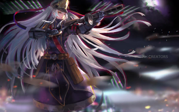 HD desktop wallpaper featuring Gunpuku no Himegimi from the Anime Re:Creators, depicting the character in battle-ready attire holding a gun.