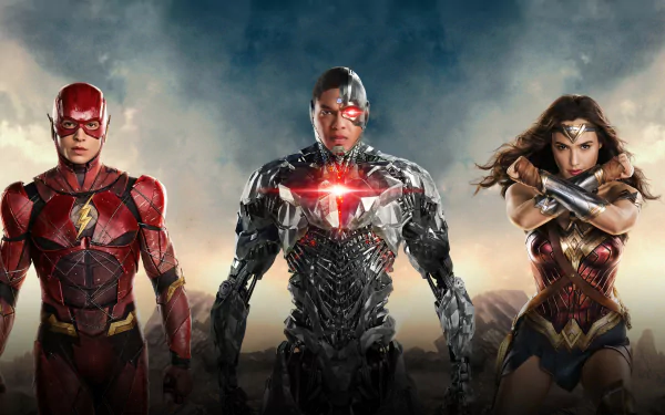 HD desktop wallpaper featuring Flash, Cyborg, and Wonder Woman from the Justice League movie, starring Ray Fisher and Gal Gadot.
