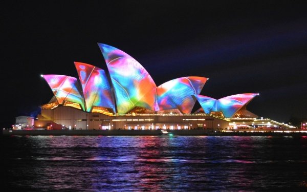 Man Made Sydney Opera House Colorful Colors Architecture Sydney Australia Light Night HD Wallpaper | Background Image