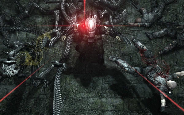 A dramatic HD wallpaper showcasing a Predator in battle against fallen aliens, with intense laser sights creating a striking atmosphere from the Aliens vs. Predator video game.