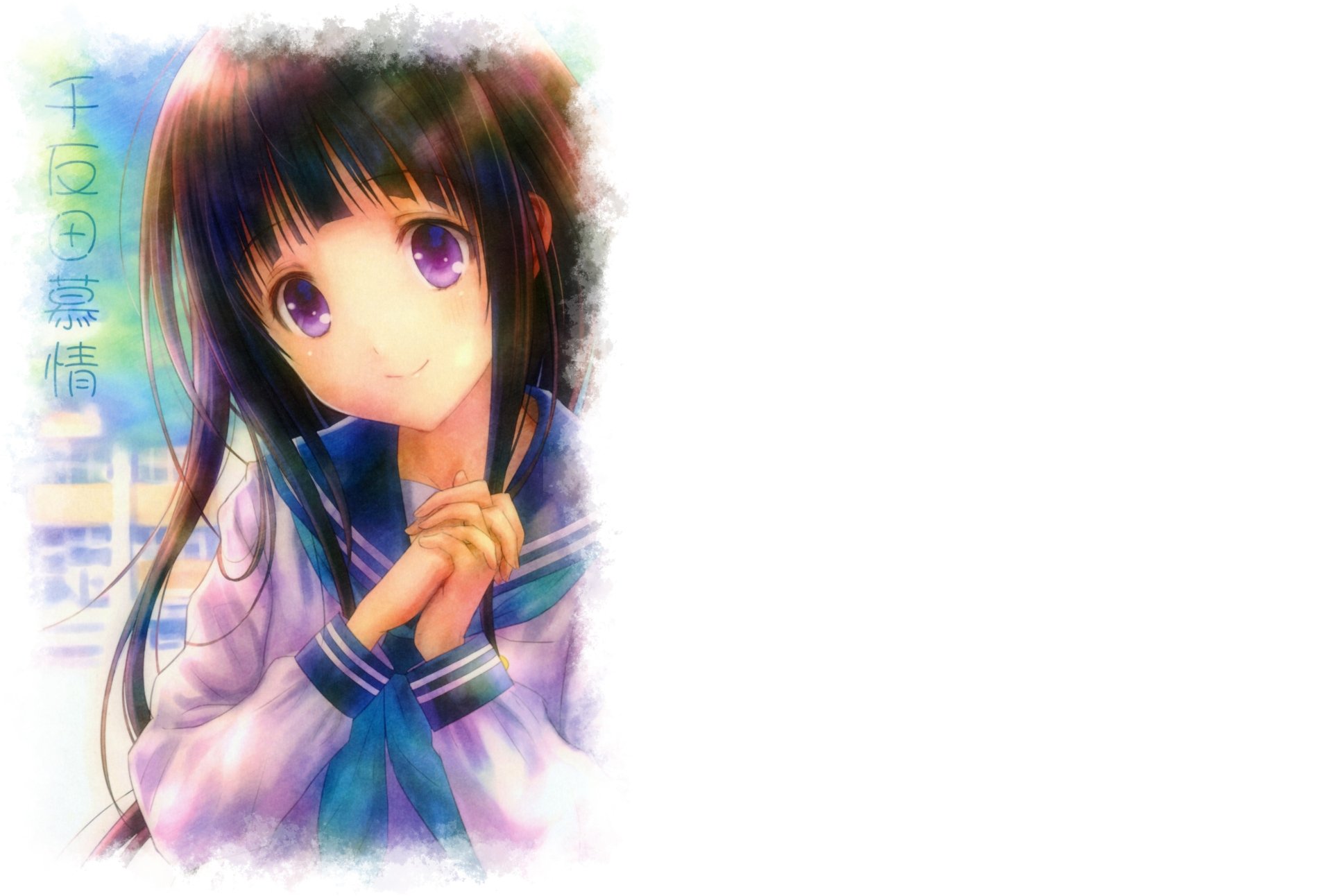 Eru Chitanda from the anime Hyouka, depicted in a soft, colorful style on a 4K Ultra HD PC desktop wallpaper and background.