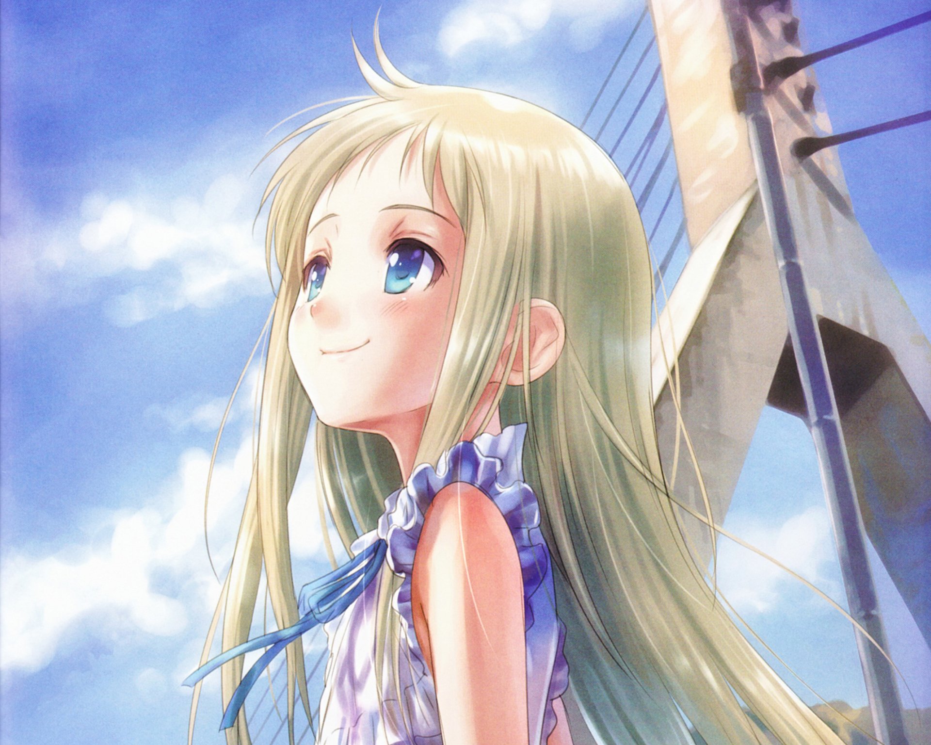 HD PC desktop wallpaper featuring Meiko Honma from the anime Anohana, depicted with long blonde hair and bright blue eyes against a clear sky backdrop.