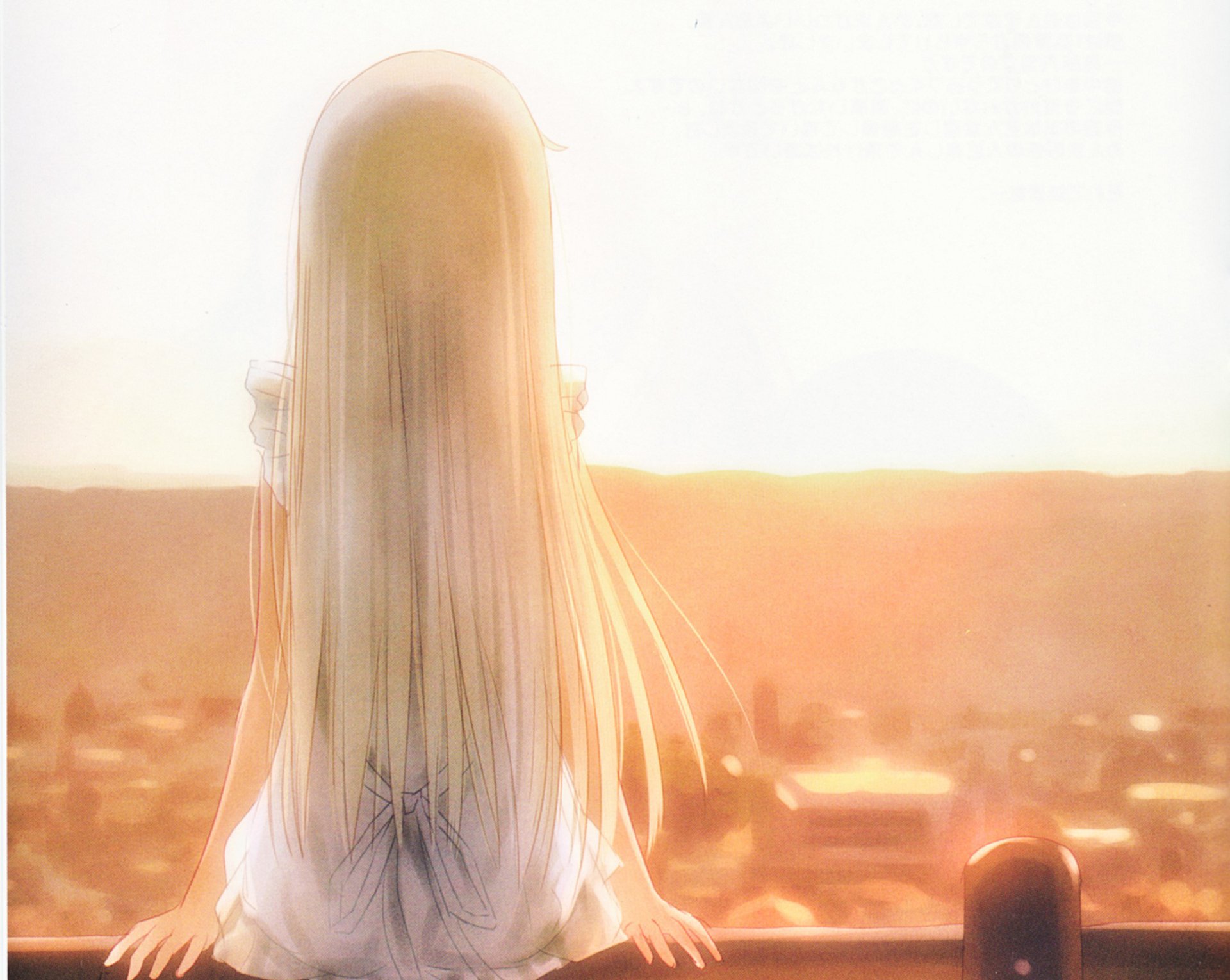 Meiko Honma (Anohana) anime HD PC desktop wallpaper: rear view of Meiko at sunset, long pale hair and white dress overlooking a glowing town.