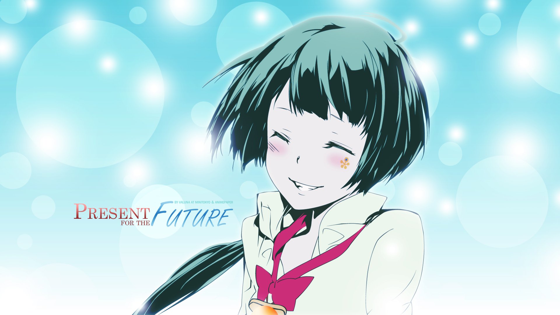 HD anime desktop wallpaper featuring a smiling character from Katekyō Hitman Reborn! against a soft blue background with light bubbles and the text Present for the Future.