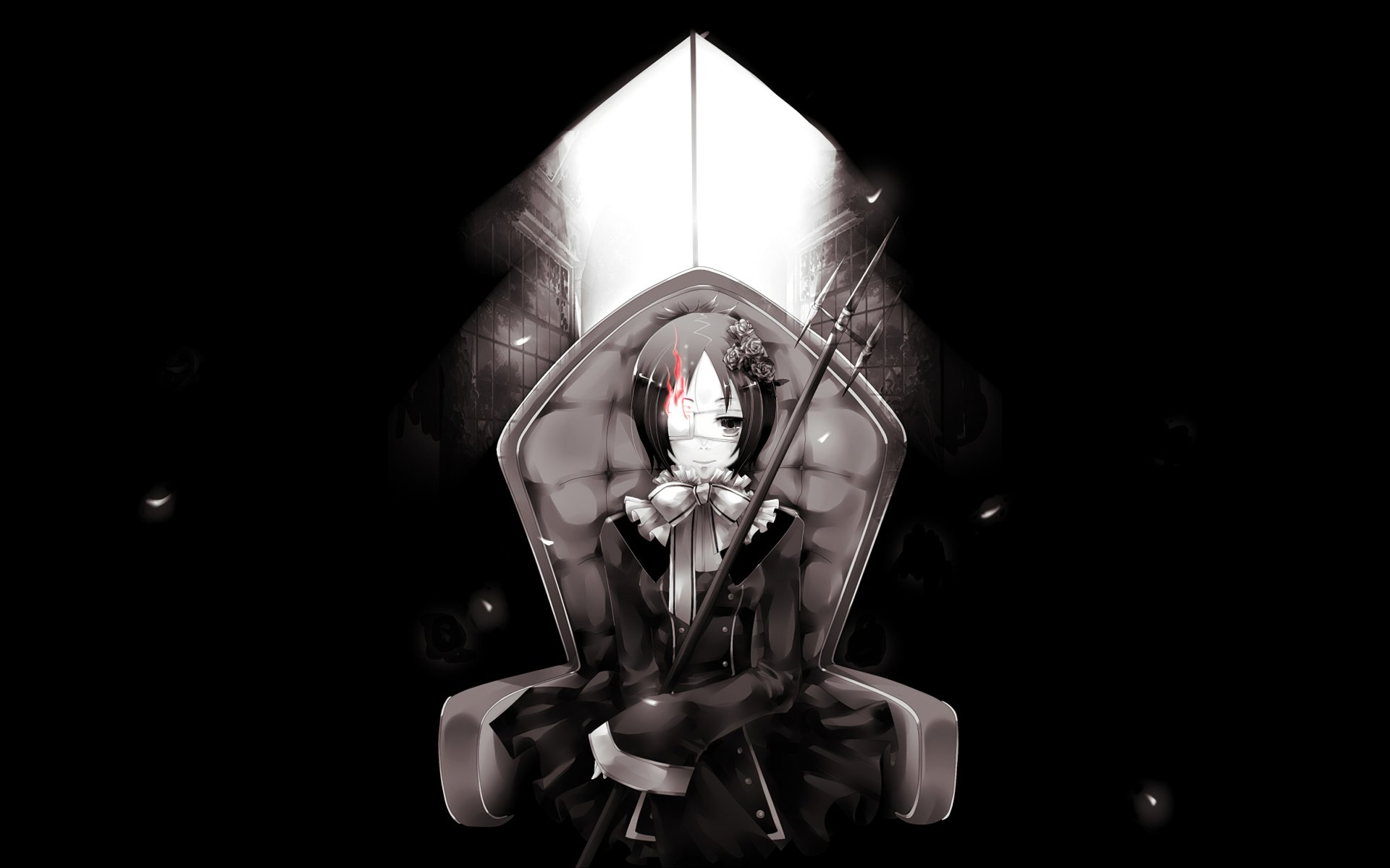 HD PC desktop wallpaper featuring Chrome Dokuro from the anime Katekyō Hitman Reborn! in a dramatic monochrome scene, seated on a throne with a dark, intense atmosphere.