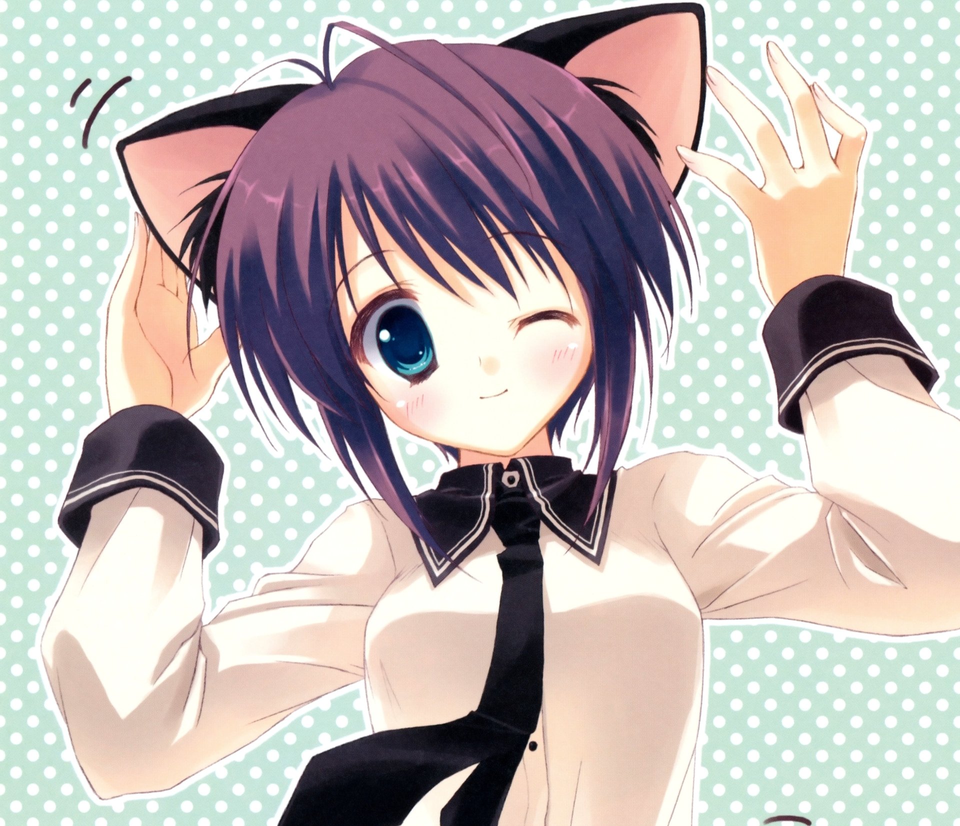 Anime-style original cat girl winking with purple hair and blue eyes, set against a light polka dot background, designed as an HD PC desktop wallpaper.