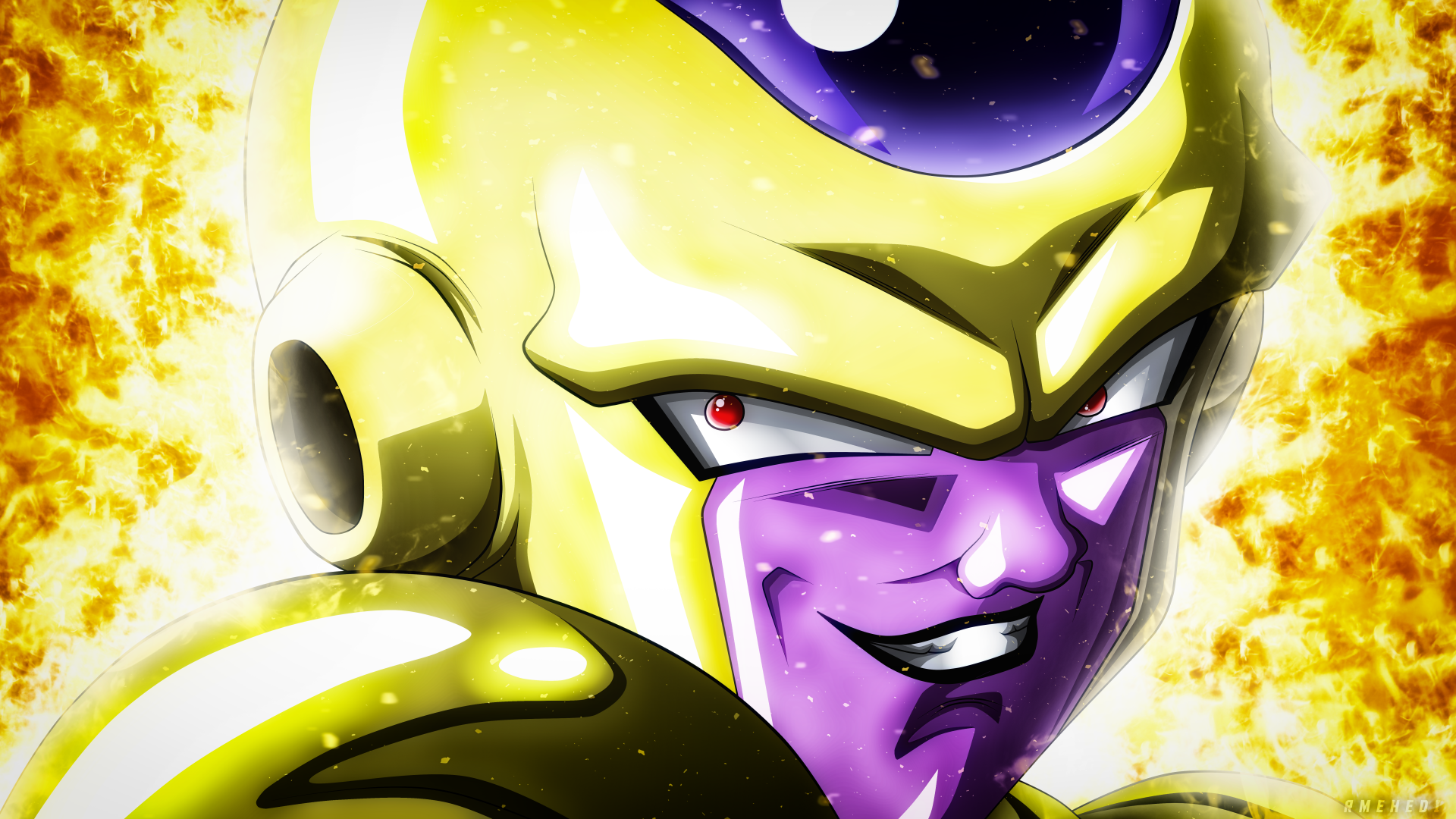 HD desktop wallpaper of Frieza from Dragon Ball Super, showcasing the anime character in vivid golden armor with a dynamic background.