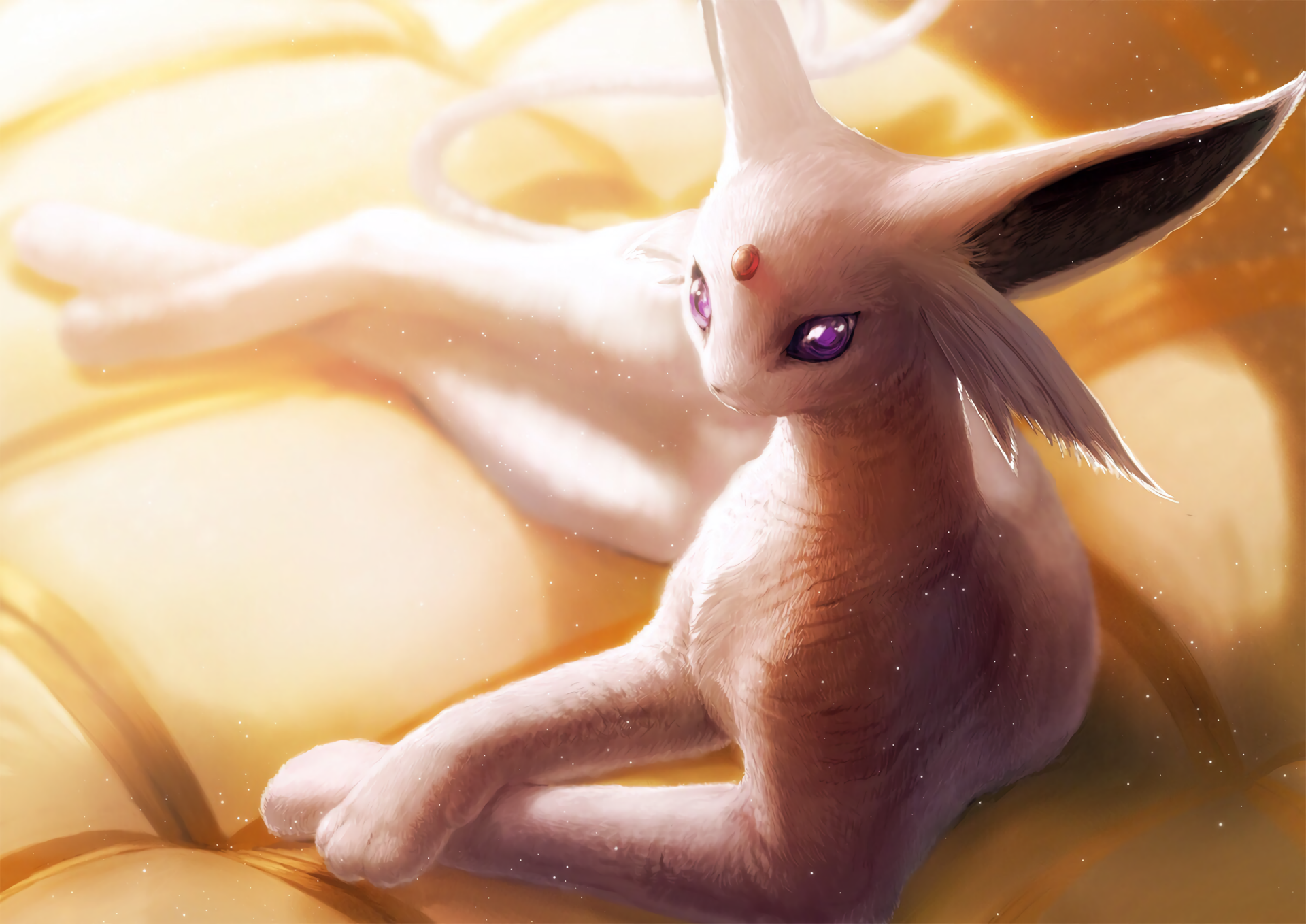 HD anime-style wallpaper featuring Espeon, a sleek, purple Pokémon with large ears and a gem on its forehead, resting gracefully in warm golden light.