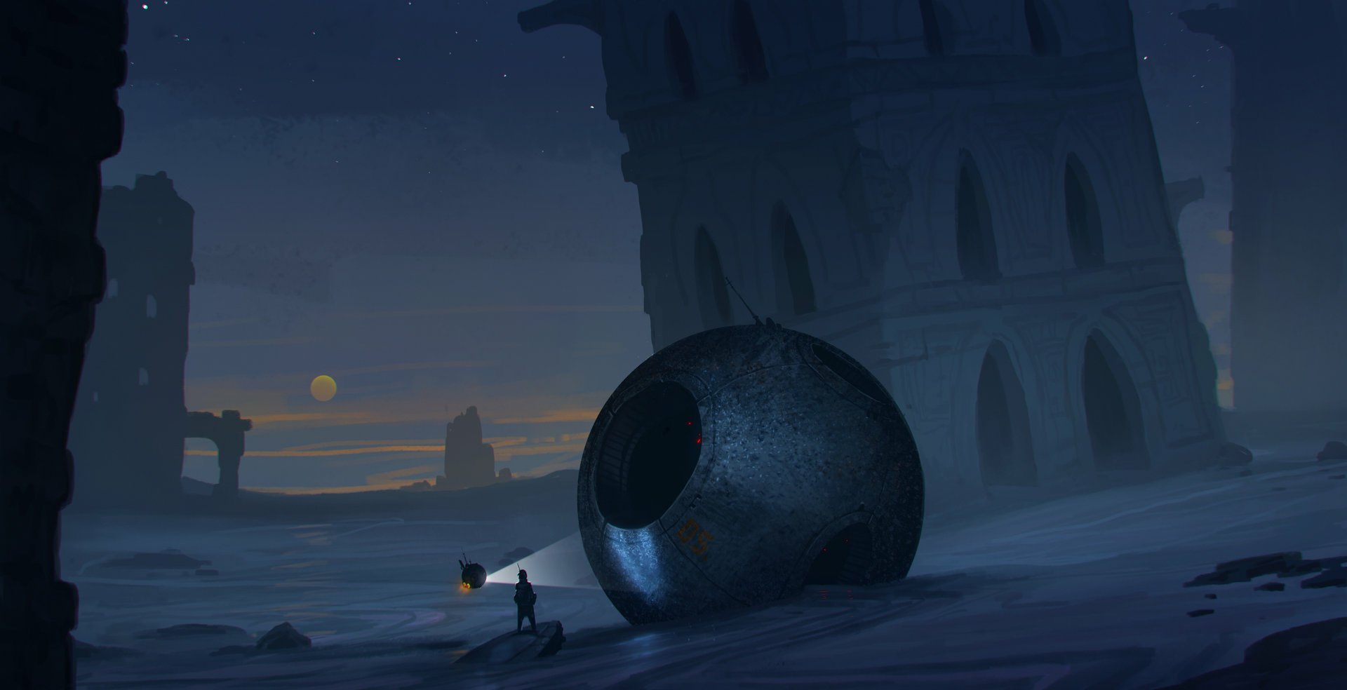 HD PC desktop wallpaper: lone explorer with lantern approaches a giant metallic sphere among ruined towers under a starry night in a sci-fi landscape.