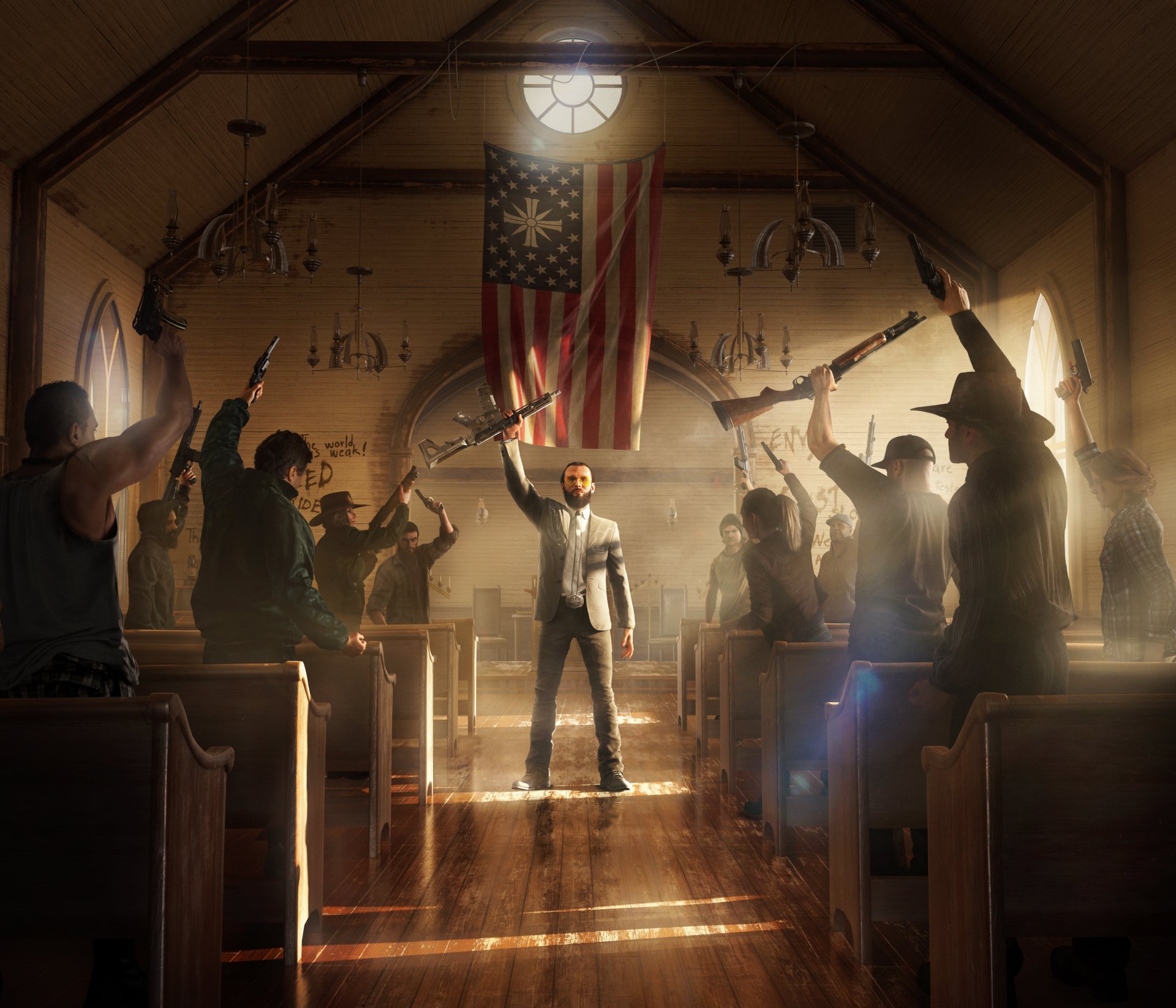 HD wallpaper of Far Cry 5 depicting a dramatic scene in a church with characters raising weapons under an American flag.