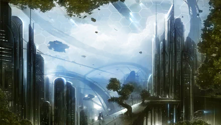 HD wallpaper featuring a futuristic sci-fi cityscape with towering skyscrapers, advanced architecture, and lush trees amidst a serene setting.