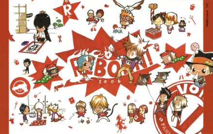 Anime HD PC desktop wallpaper featuring chibi-style characters from Katekyō Hitman Reborn! in playful poses with bold red and white graphic elements.