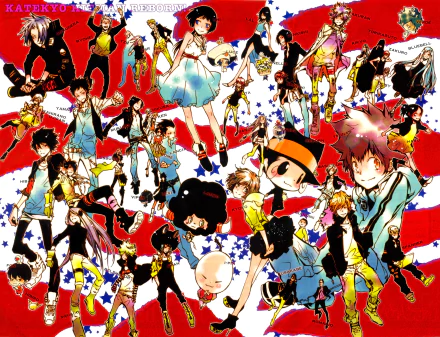 4K Ultra HD anime wallpaper featuring vibrant characters from Katekyō Hitman Reborn! in dynamic poses against a bold red, white, and blue background.