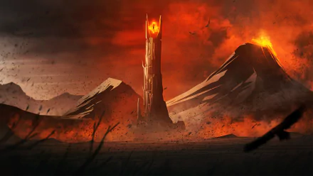 An HD desktop wallpaper featuring a dramatic fantasy scene from The Lord of the Rings with a fiery volcano and a towering, ominous structure amidst rugged mountains.