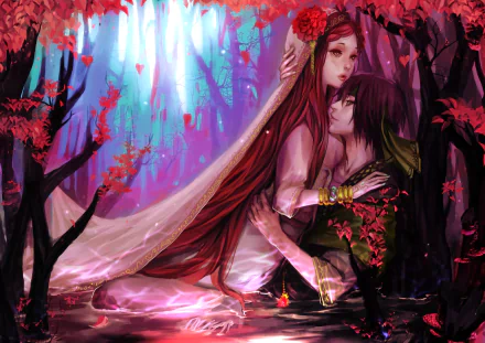 Anime couple with long red hair embracing romantically in a vibrant, enchanted forest setting, captured in HD for a stunning desktop wallpaper and background.