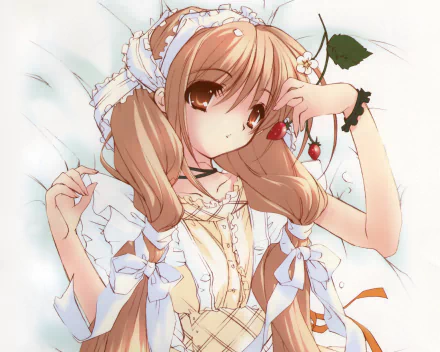 ribbon apron strawberry long hair blonde Anime Original HD Desktop Wallpaper | Background Image