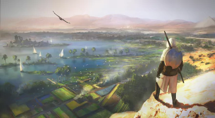 HD desktop wallpaper featuring a scene from Assassin's Creed Origins, showing a character overlooking a vast, scenic landscape with rivers, fields, and mountains in the background.