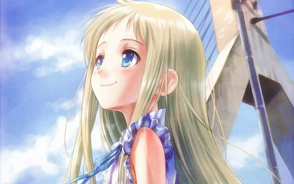 HD PC desktop wallpaper featuring Meiko Honma from the anime Anohana, depicted with long blonde hair and bright blue eyes against a clear sky backdrop.