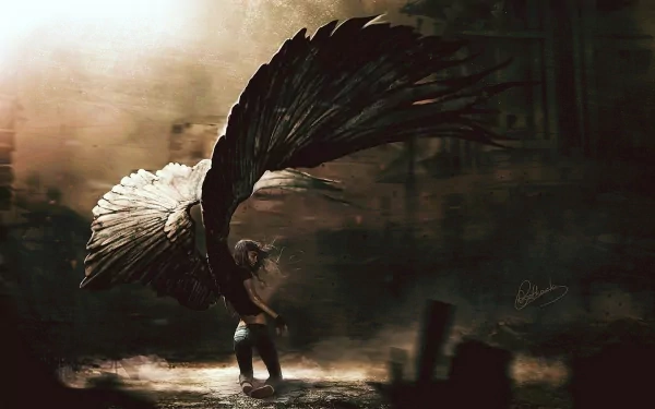 HD wallpaper featuring a dark, fantasy-themed angel with large, black wings standing in a desolate environment, creating a dramatic and mysterious atmosphere.