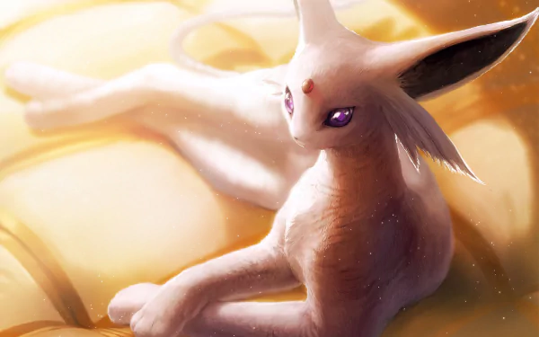 HD anime-style wallpaper featuring Espeon, a sleek, purple Pokémon with large ears and a gem on its forehead, resting gracefully in warm golden light.