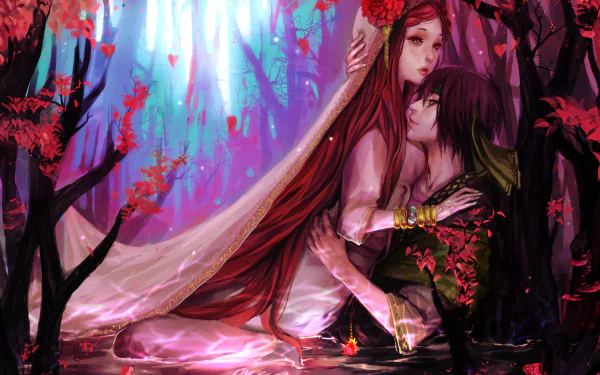 Anime couple with long red hair embracing romantically in a vibrant, enchanted forest setting, captured in HD for a stunning desktop wallpaper and background.